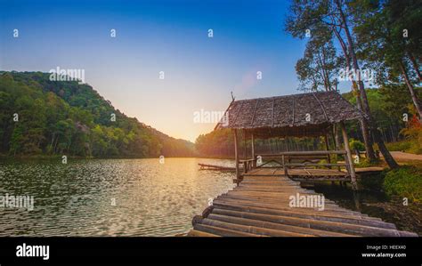 Bamboo raft in lake / Pang- Oung Thailand national park ,Mae Hong Son ...