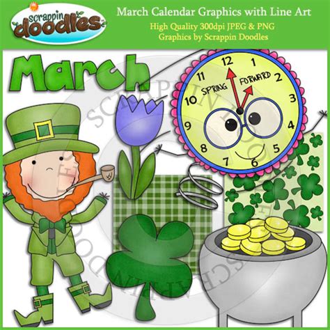 March Calendar Clip Art with Line Art Download | Etsy