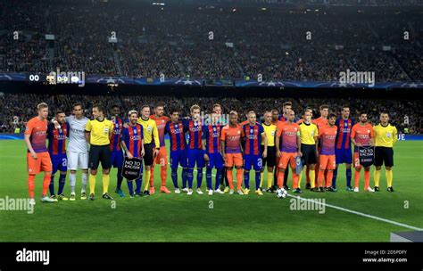 Barcelona and Manchester City players line up before the match Stock ...