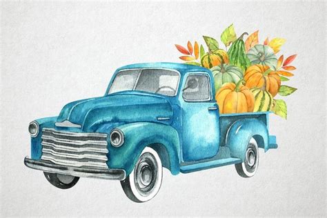 Watercolor retro truck with pumpkin vegetables and autumn fall | Etsy | Fall clip art, Truck art ...