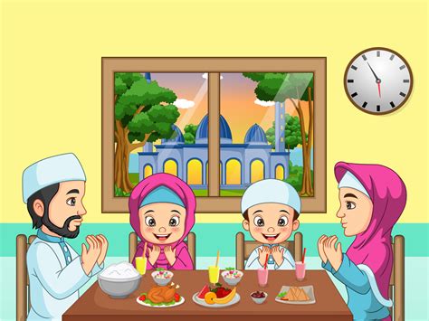 Muslim family praying together before Iftar 6798432 Vector Art at Vecteezy