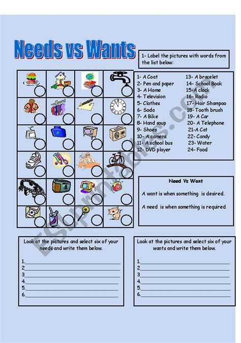 Needs vs Wants - ESL worksheet by jij3808