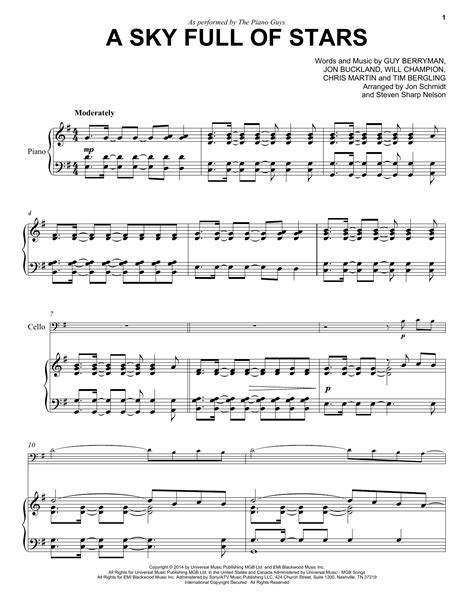 A Sky Full Of Stars by The Piano Guys Sheet Music for Cello and Piano at Sheet Music Direct