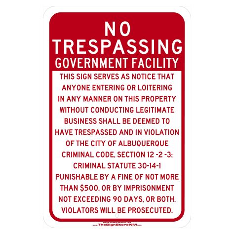 No Trespassing Sign - ABQ Code - Government Facility - The Sign Store NM