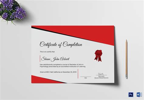 Bachelor of Arts Completion Certificate Design Template in PSD. Word