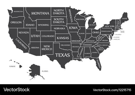 Usa map with federal states black Royalty Free Vector Image