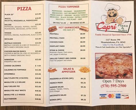 Menu at Capri Pizza pizzeria, Cresco