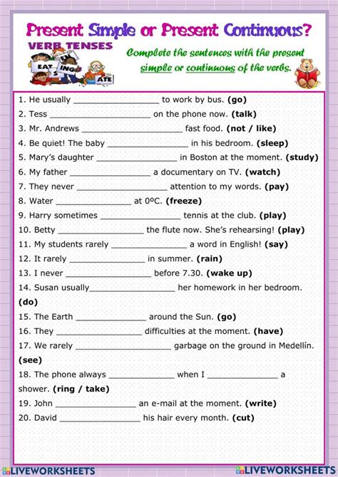 a worksheet for present simple or present continuous words in english with pictures on it