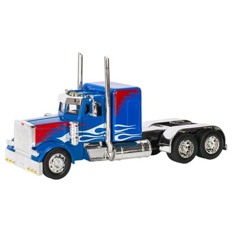 Peterbilt 389/Kenworth W900 Semi Truck Die Cast Toy - 1:32 Scale Blue with Red and White Flames ...