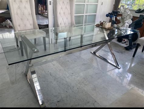 Include delivery! Glass top with stainless steel base dining table ...