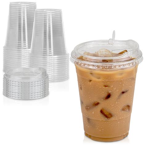 [100 Pack] Disposable Strawless Plastic Cups with Lids - 16 Oz Clear Plastic Cups and Sippy Cups ...