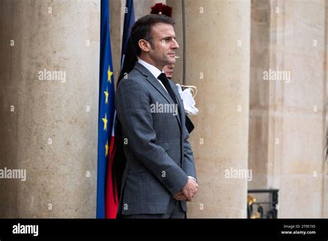 Paris, France. 20th Dec, 2023. French President Emmanuel Macron waits for the arrival of Czech ...