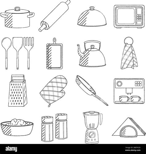 Kitchen utensils (set) - black and white illustration/ drawing Stock Vector Image & Art - Alamy