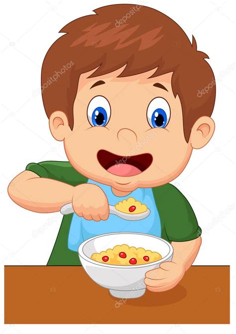 El chico está desayunando cereal. vector, gráfico vectorial © tigatelu imagen #49600279