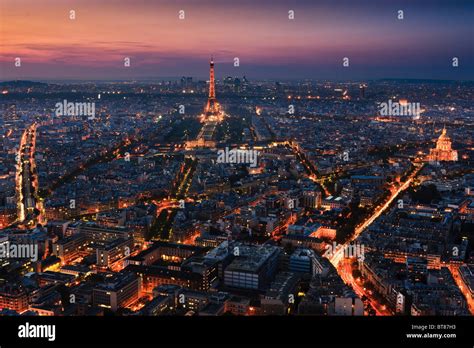 Sunset in Paris with the view from the Tour Montparnasse Tower on the Eiffeltower Stock Photo ...