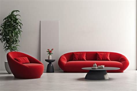 Premium AI Image | Red curved sofa and armchair near round coffee table against of white blank ...