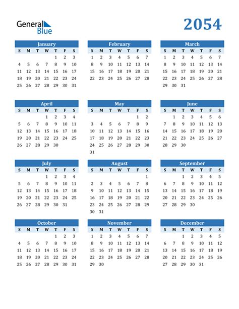 2054 Calendar (PDF, Word, Excel)