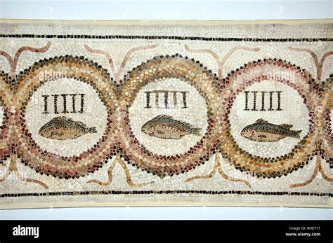 'Five fish doorstep' mosaic, El Djem Archeological Museum, El Djem ...