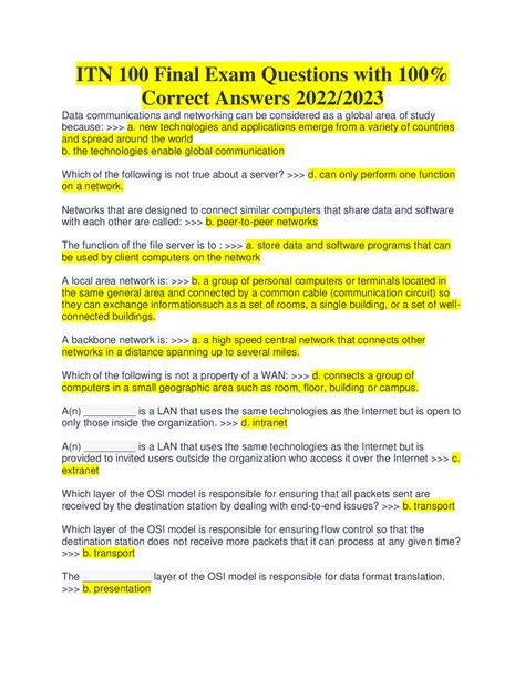 ITN 100 Final Exam Questions with 100% Correct Answers 2022/2023 Data Link Layer, Network Layer ...