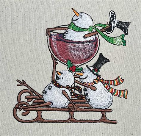 Premium Embroidery Design: Wine Sled Snowmen – 3 sizes