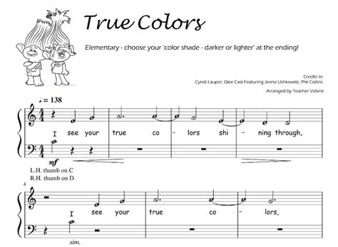 True Colors trolls Piano Sheet Music Score for Grade 5 & Preliminary ...