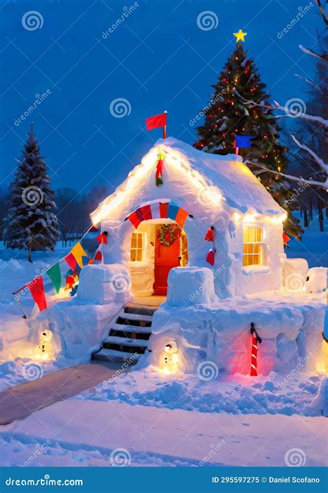 A Christmas-Themed Snow Fort, with Colorful Flags and Lights ...