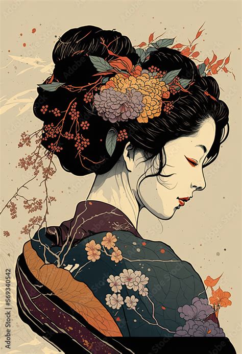 Japanese Geisha with Flowers in Her Hair - Digital Art Illustration ...