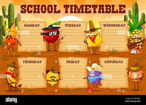 Timetable schedule, cartoon fruit cowboy, ranger, sheriff and robber characters. Education ...