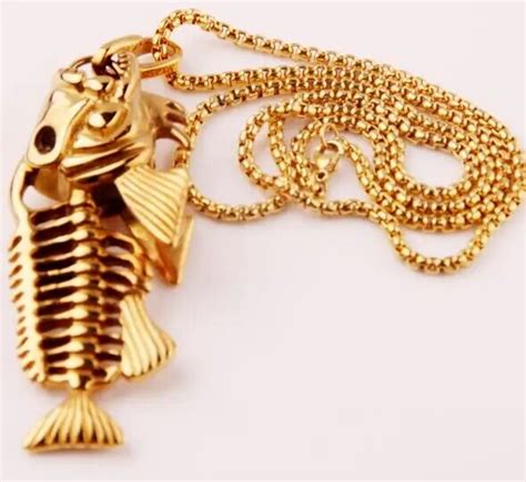 Large Heavy Jewelry Pur Stainless Steel GOld Fish Bone pendant necklace for men's jewlery 3mm 24 ...