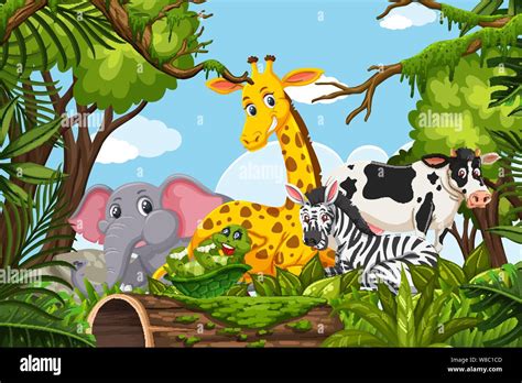 Animals in jungle scene illustration Stock Vector Image & Art - Alamy