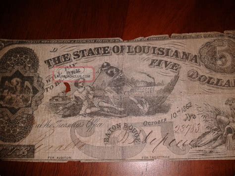 $5 Dollar Bill 1862 State Of Louisianna Five Dollars Civil War Era