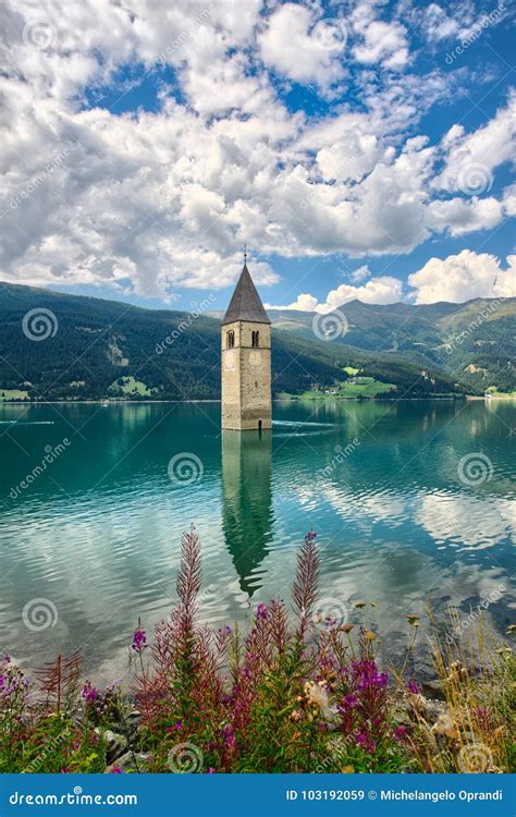 Bell Tower of the Reschensee Resia South Tyrol Italy Stock Image ...