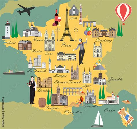 France travel map with sights flat style vector illustration. Popular buildings for tourists ...