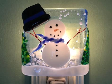 Snowman Fused Glass Plug in Winter Wonderland Night Light With Slumped ...