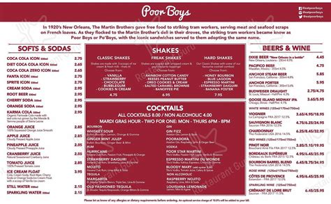 Menu at Poor Boys restaurant, Kingston upon Thames