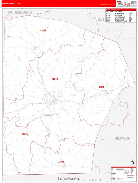 Logan County, KY Zip Code Wall Map Red Line Style by MarketMAPS