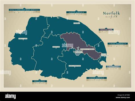 Modern Map - Norfolk county with district labels and cities UK illustration Stock Vector Image ...