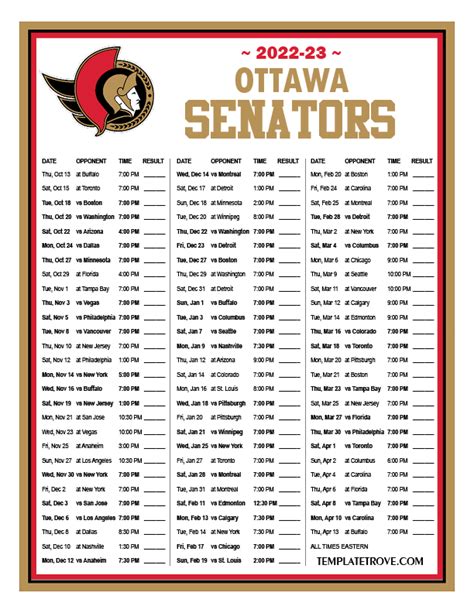 Printable 2022-2023 Ottawa Senators Schedule