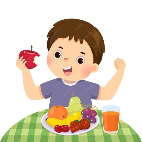 Premium Vector | Cartoon of a little boy eating red apple and showing his strength