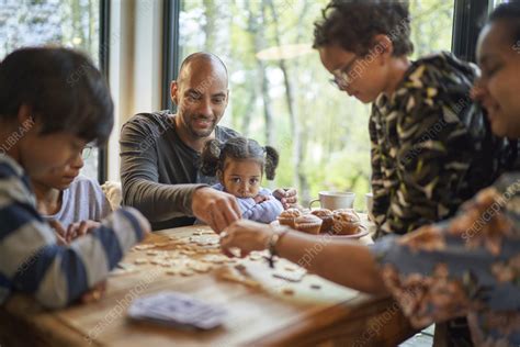 Family playing scrabble at dining table - Stock Image - F035/9994 ...