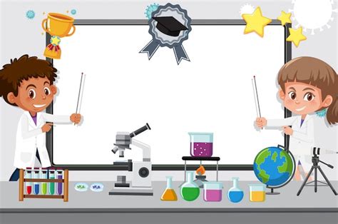 Premium Vector | Banner template with two kids working in science lab at school