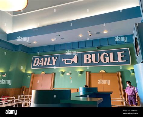 Orlando,FL/USA- 6/13/20: The Daily Bugle sign in the lobby of the Spiderman ride at Universal ...