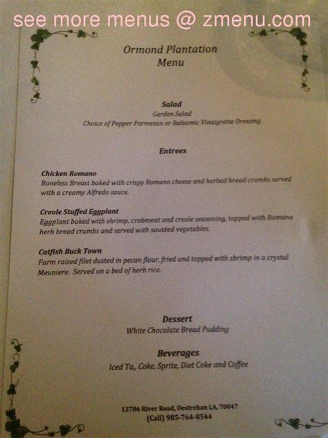 Menu at Ormond Plantation restaurant, Destrehan