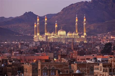 Sanaa, capital of Yemen. Night view on AL-Saleh mosque royalty free ...