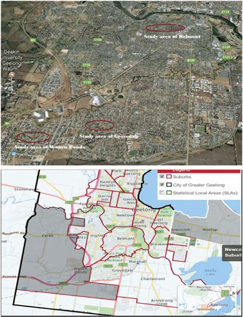 Satellite view of three suburbs in the City of Greater Geelong ...