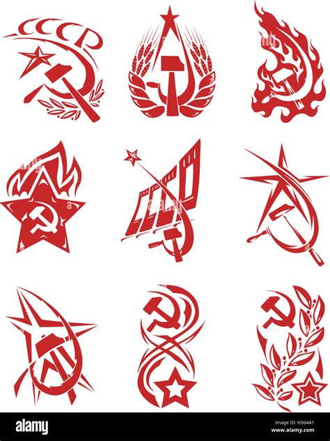 Conjunto de símbolos soviéticos de color rojo con estrellas, banderas y la hoz y el martillo ...