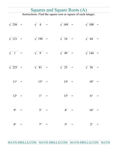 Squares and Square Roots Worksheet with Answers