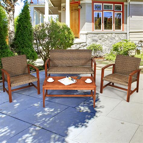 Gymax 4PCS Patio Conversation Set Outdoor Furniture Set w/ Acacia Wood Frame - Walmart.com