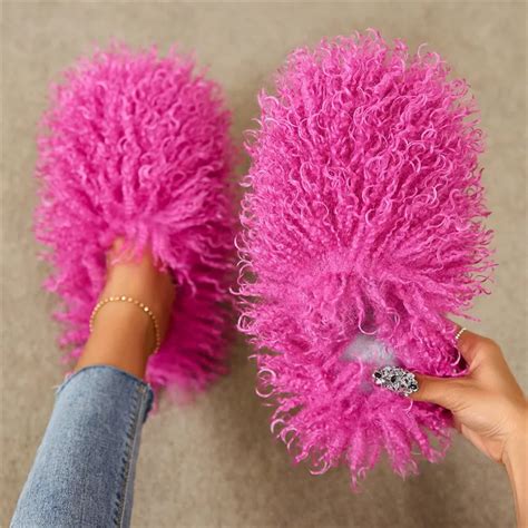 Winter Furry Shoes Women Fur Slippers Fluffy Faux Mongolian Fur Slides ...