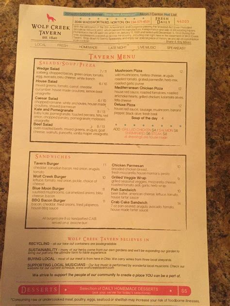 Menu at Wolf Creek Tavern restaurant, Norton